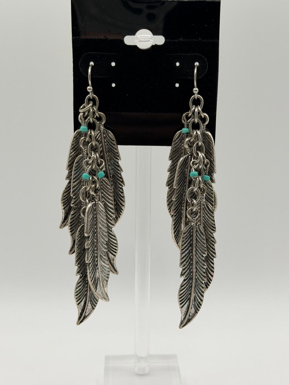 Silver Feather Cascade Dangle Earrings with Turquoise Accent Boho - Picture 1 of 6